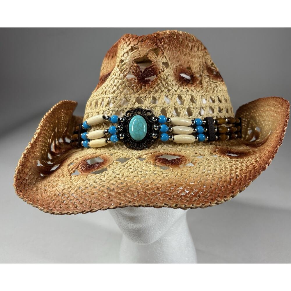 Fluffy Sense Straw Cowboy Hat Women Western Boho Turquoise Beaded Festival NWT - Picture 6 of 10